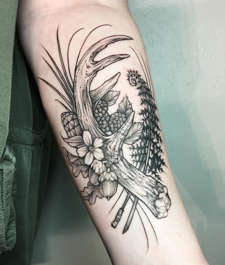 Tattoos - Antler and Floral on Bicep- Instagram @MichaelBalesArt - 126981